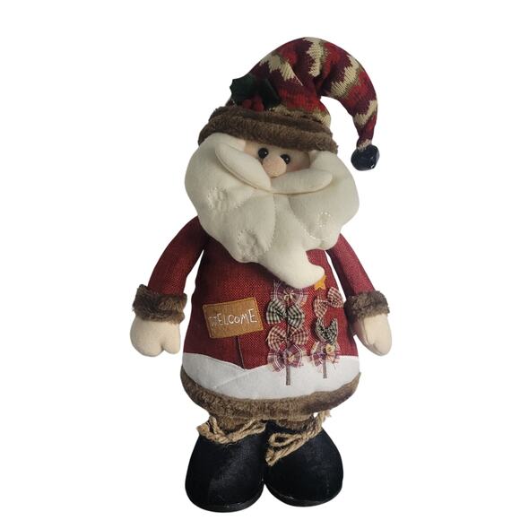 Extendable-Leg Santa Figure Rustic Fabric Welcome Hat Plaid ~18–28" Xmas Decor - Picture 1 of 13